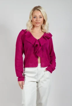 Frill Knit Cardigan in Magenta