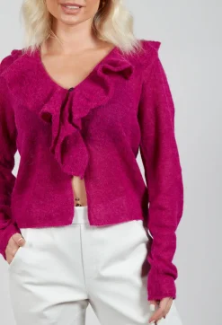 Frill Knit Cardigan in Magenta