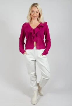 Frill Knit Cardigan in Magenta