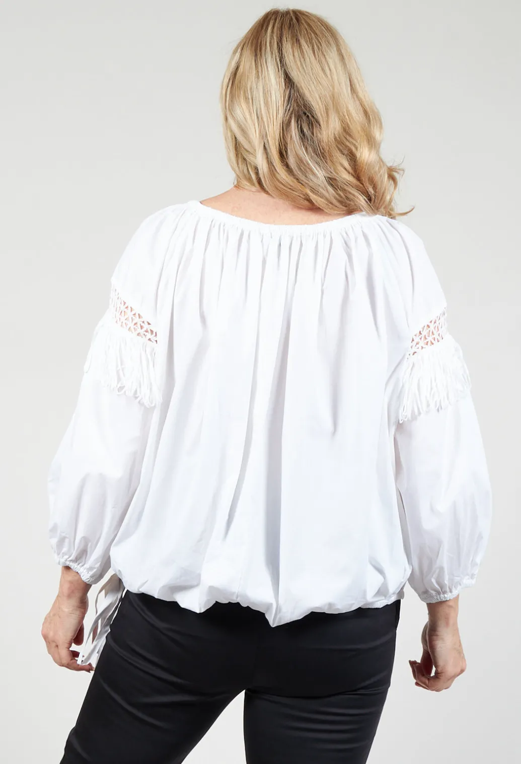 Fringe Open Work Detail Blouse in White