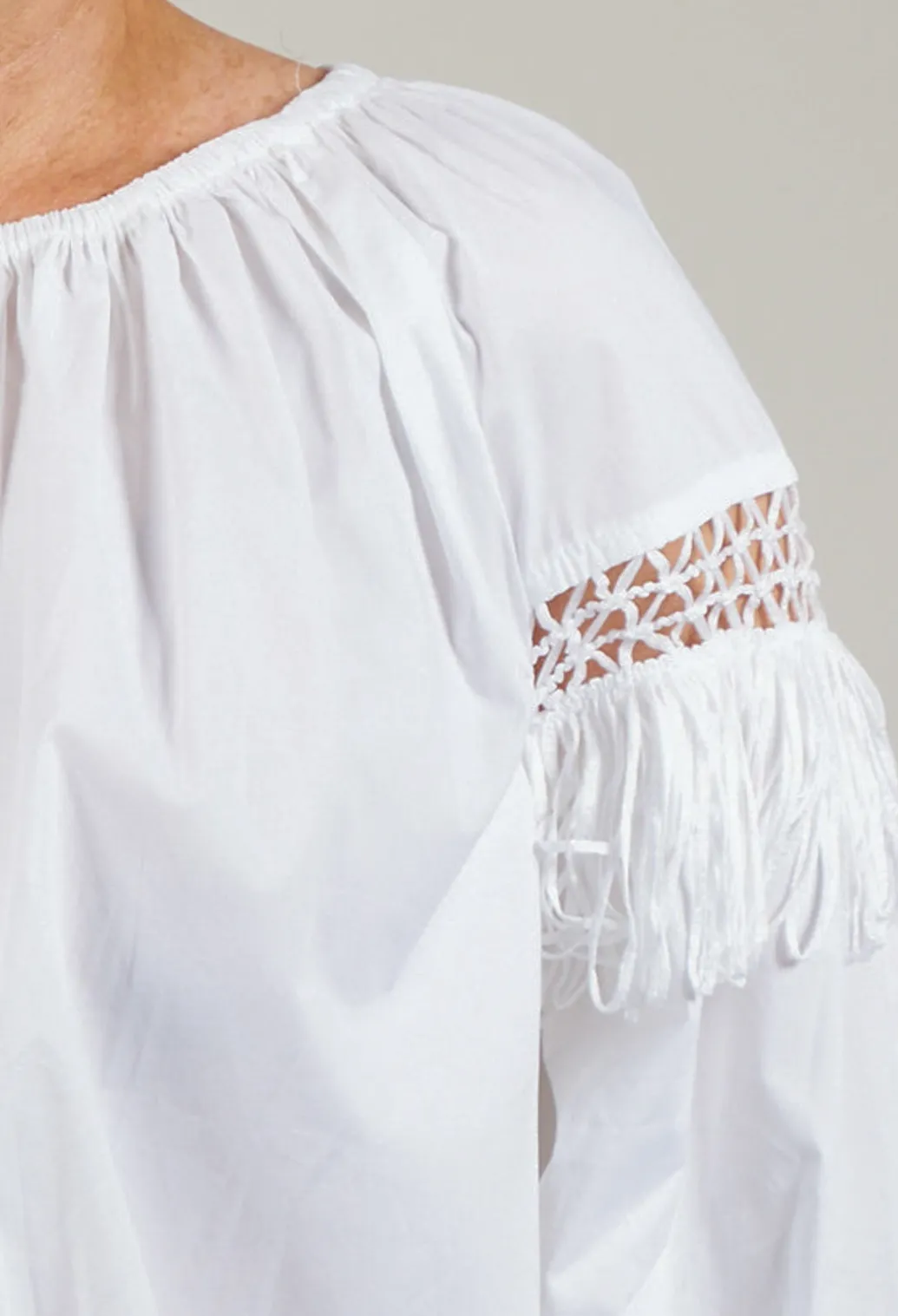Fringe Open Work Detail Blouse in White