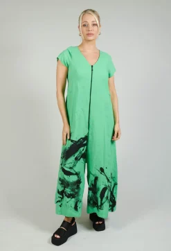 Front Zipper Jumpsuit in Green Black