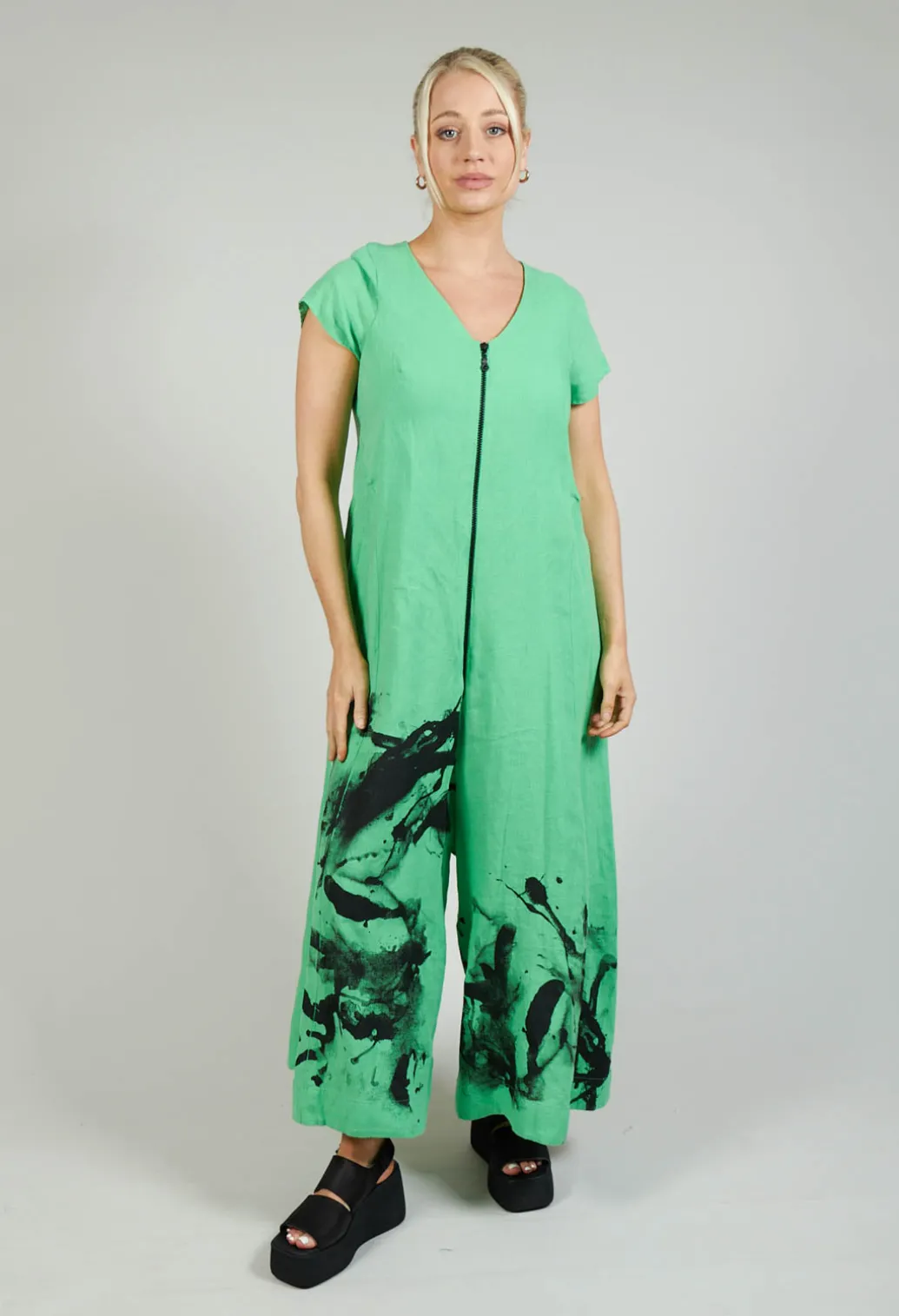 Front Zipper Jumpsuit in Green Black