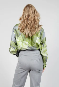 Garden Print Silk Blouse in Grey