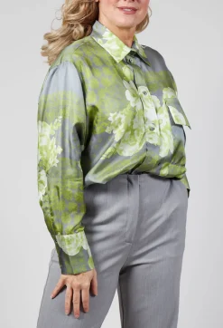 Garden Print Silk Blouse in Grey