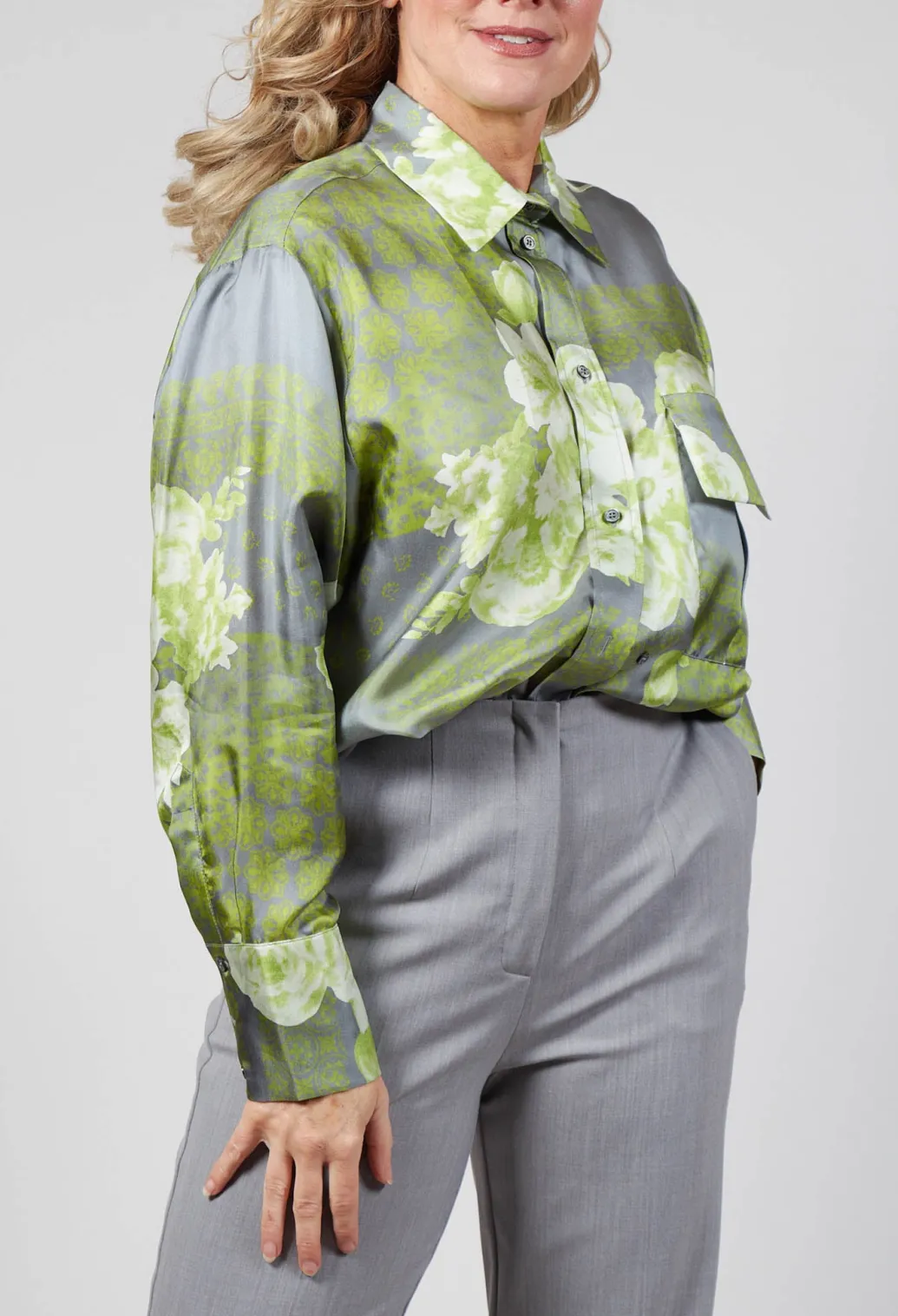Garden Print Silk Blouse in Grey