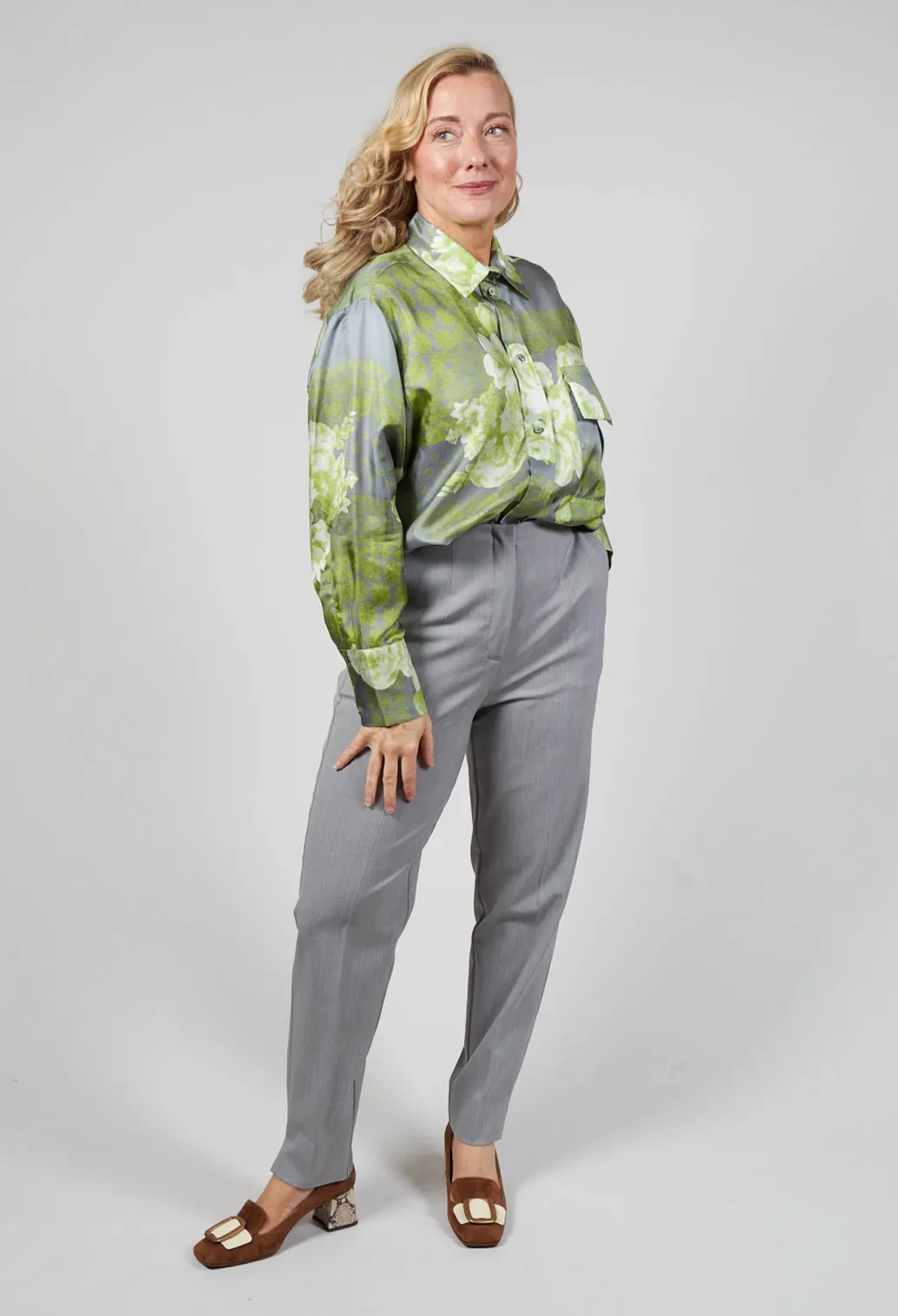 Garden Print Silk Blouse in Grey