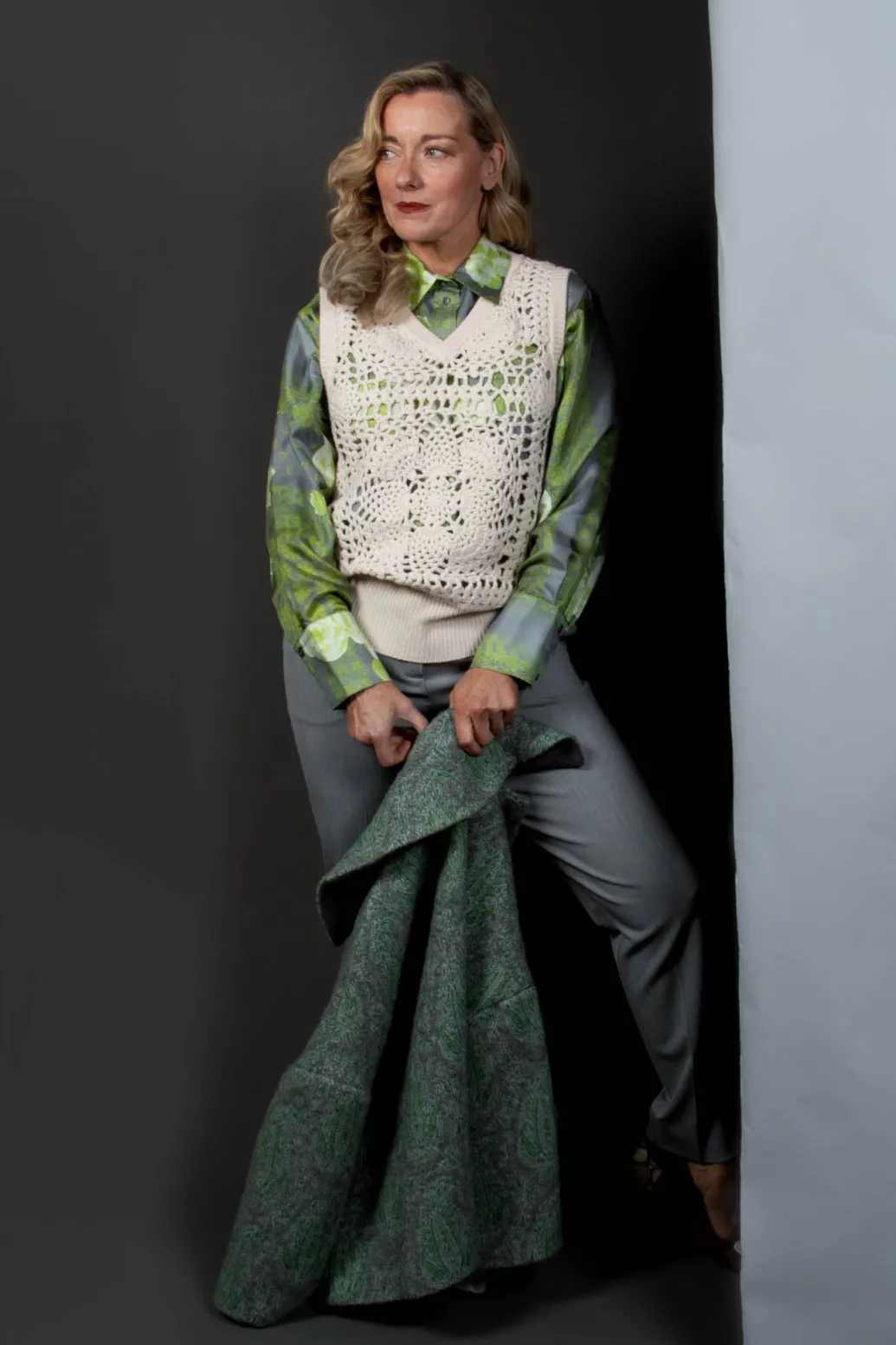 Garden Print Silk Blouse in Grey