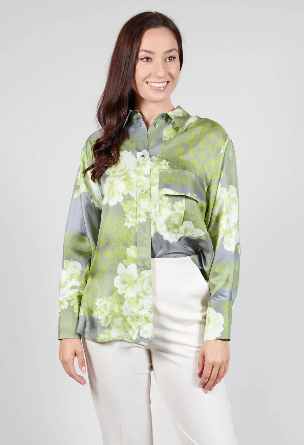 Garden Print Silk Blouse in Grey