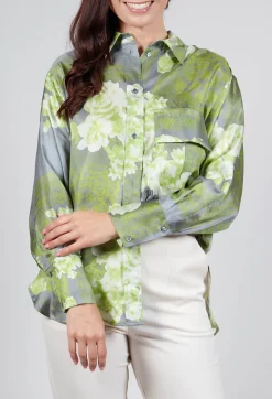Garden Print Silk Blouse in Grey