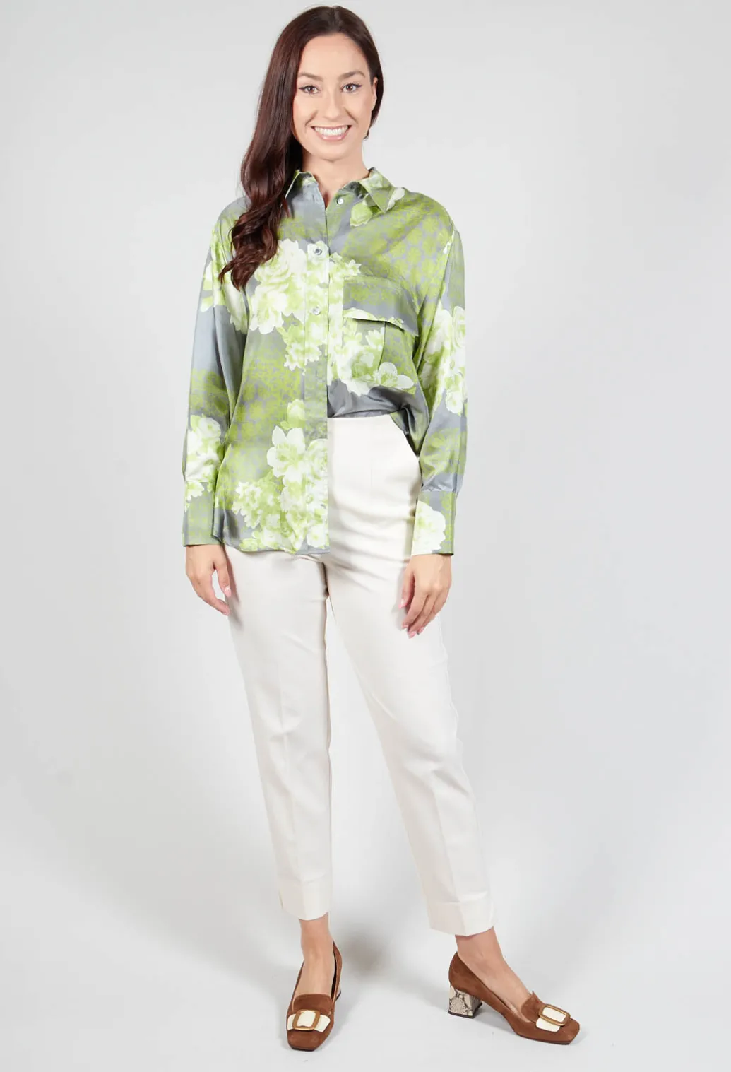 Garden Print Silk Blouse in Grey