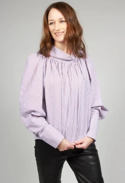 Gathered Blouse in Blue Red Stripe