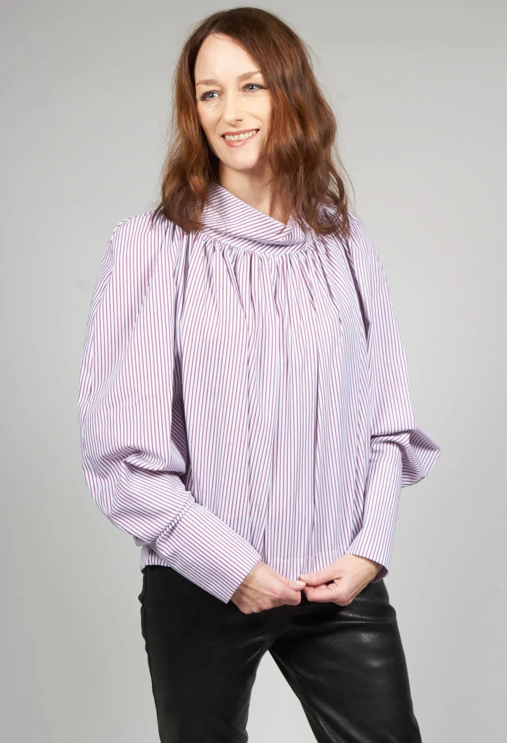 Gathered Blouse in Blue Red Stripe