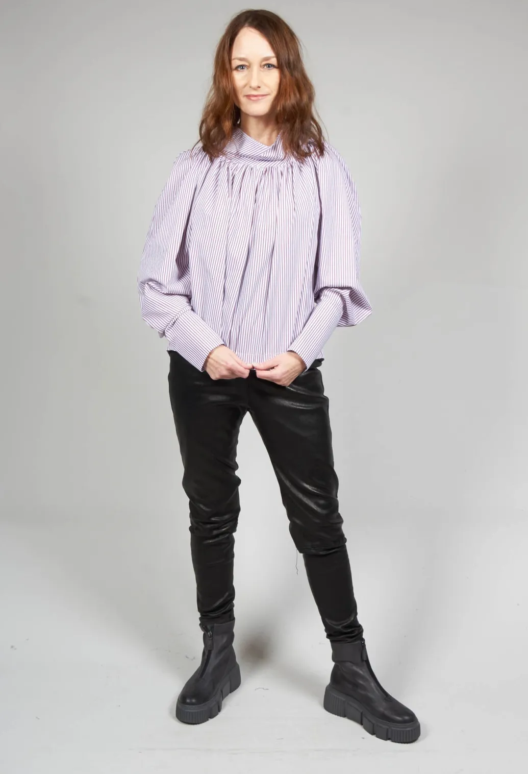 Gathered Blouse in Blue Red Stripe