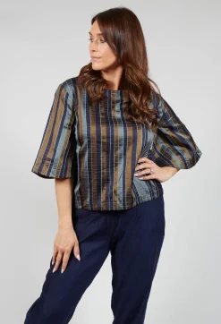 Gathered Cotton Ikkat Blouse in Peacock Teal