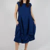 Gathered Midi Dress with High Boat Neckline in Ocean