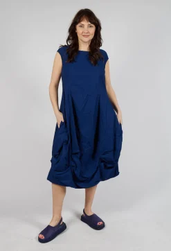 Gathered Midi Dress with High Boat Neckline in Ocean