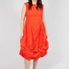 Gathered Midi Dress with High Boat Neckline in Mandarine