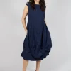 Gathered Midi Dress with High Boat Neckline in Ink
