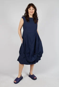 Gathered Midi Dress with High Boat Neckline in Ink