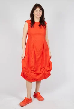 Gathered Midi Dress with High Boat Neckline in Mandarine