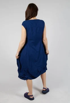 Gathered Midi Dress with High Boat Neckline in Ocean
