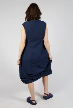 Gathered Midi Dress with High Boat Neckline in Ink