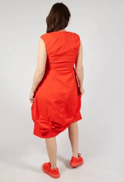 Gathered Midi Dress with High Boat Neckline in Mandarine