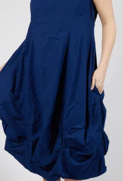 Gathered Midi Dress with High Boat Neckline in Ocean