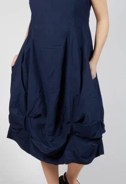 Gathered Midi Dress with High Boat Neckline in Ink