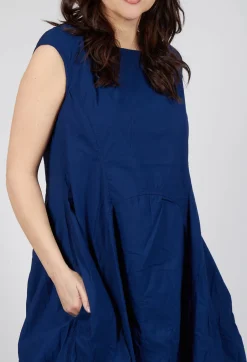 Gathered Midi Dress with High Boat Neckline in Ocean