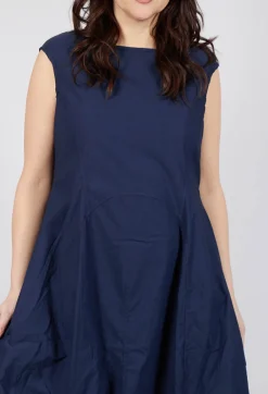 Gathered Midi Dress with High Boat Neckline in Ink