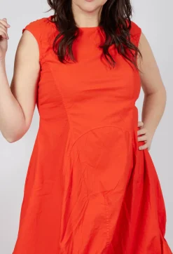Gathered Midi Dress with High Boat Neckline in Mandarine