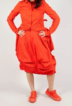 Gathered Midi Skirt with Back Button-Flap Pockets in Mandarine