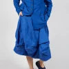 Gathered Midi Skirt with Back Button-Flap Pockets in Royal