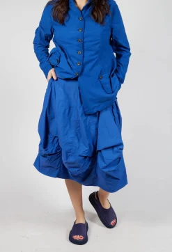 Gathered Midi Skirt with Back Button-Flap Pockets in Royal