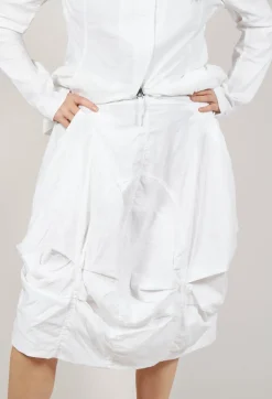 Gathered Midi Skirt with Back Button-Flap Pockets in Semi Bleach