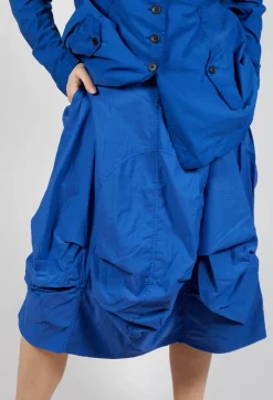 Gathered Midi Skirt with Back Button-Flap Pockets in Royal