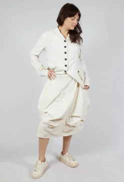 Gathered Midi Skirt with Back Button-Flap Pockets in Greige