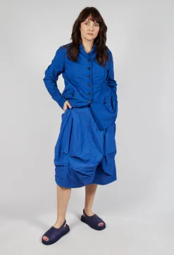 Gathered Midi Skirt with Back Button-Flap Pockets in Royal