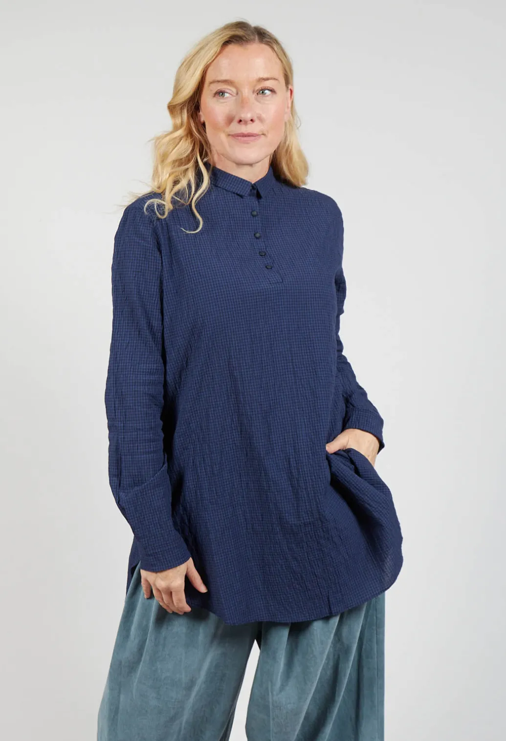 Gingham 3/4 Button Up Shirt in Blue Night