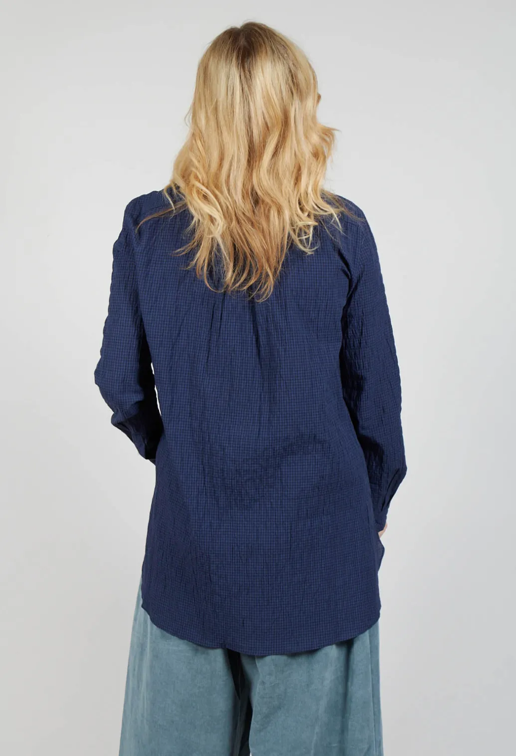 Gingham 3/4 Button Up Shirt in Blue Night