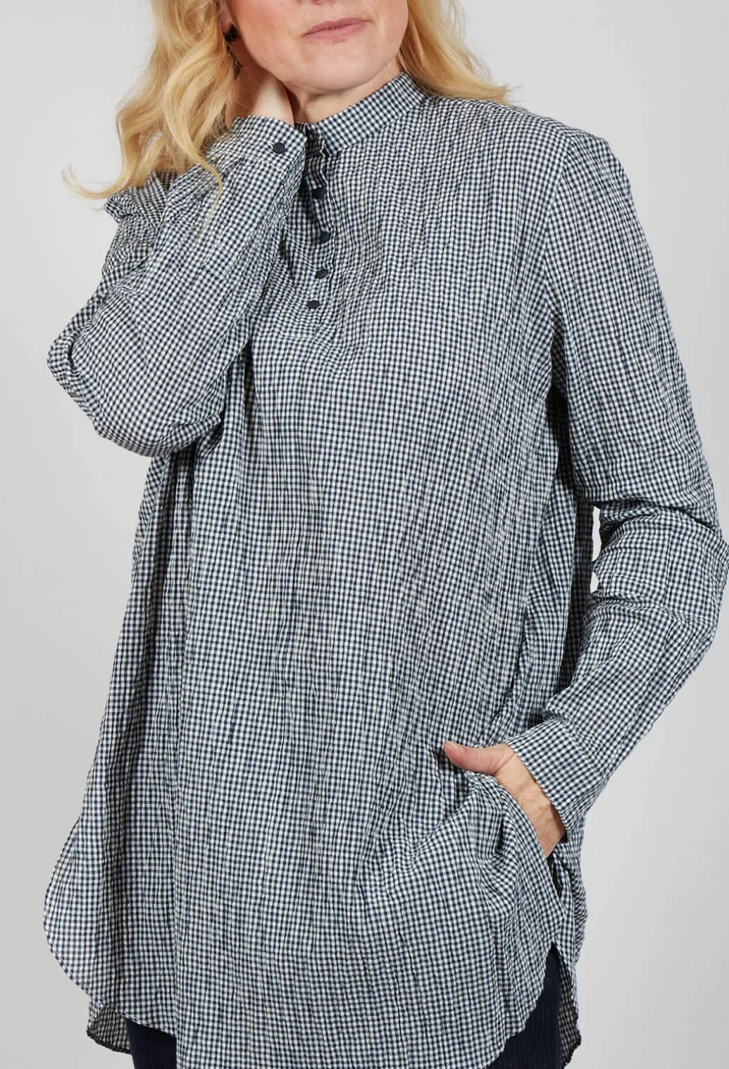 Gingham 3/4 Button Up Shirt in Natural Night