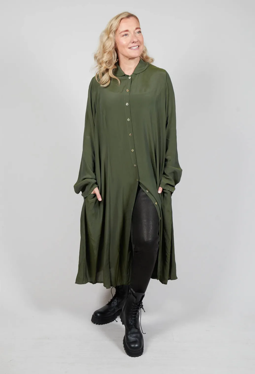 Globusen Silk Coat Dress in Avocado Green