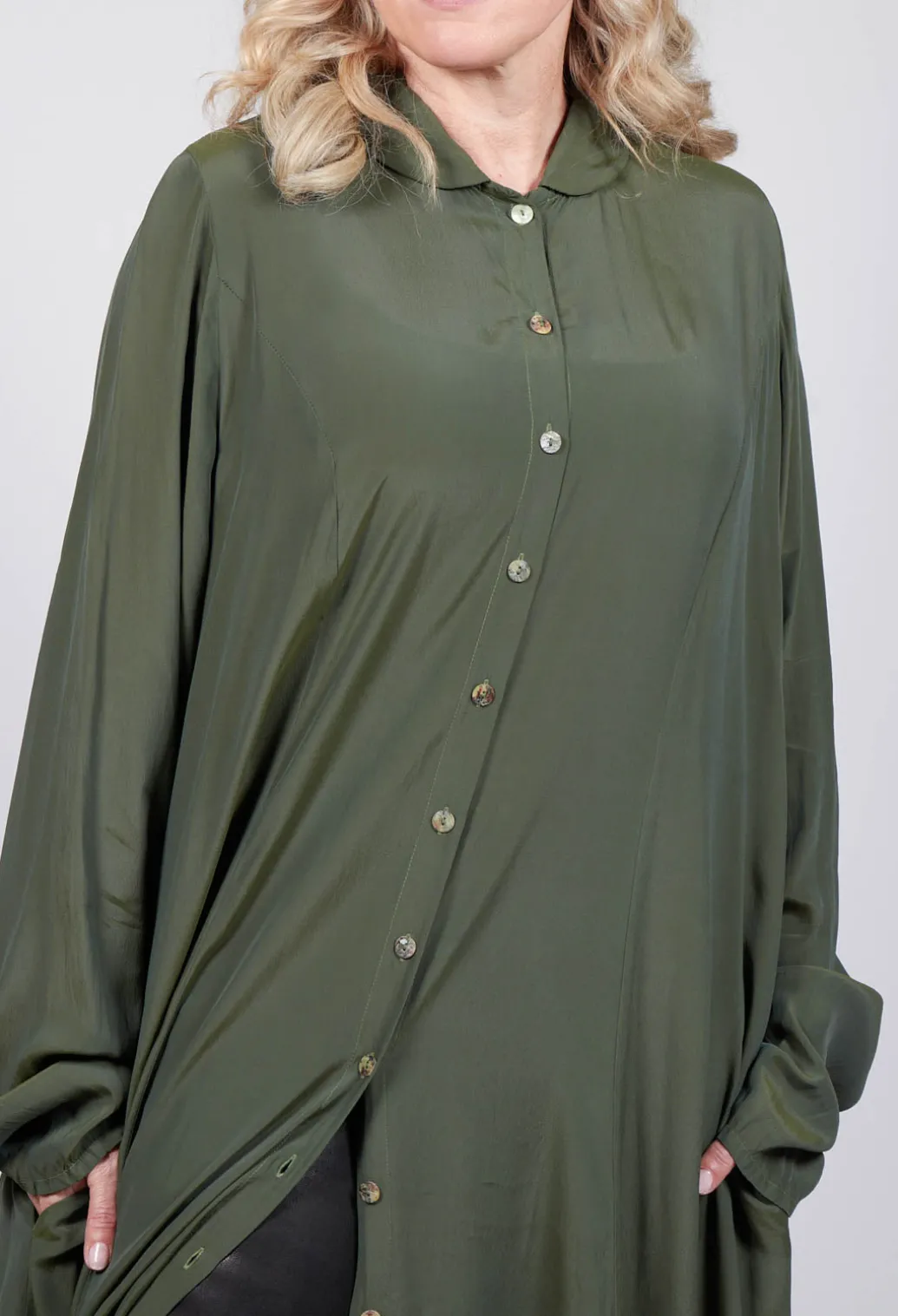 Globusen Silk Coat Dress in Avocado Green