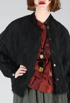 Grandad Collar Shirt in Lino Crush Nero