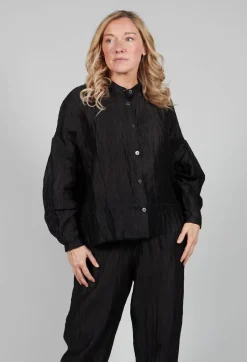 Grandad Collar Shirt in Lino Crush Nero