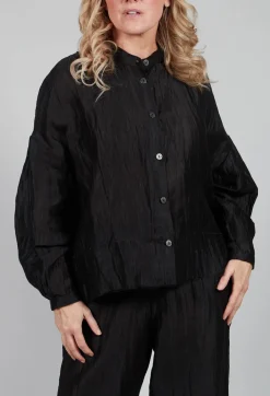Grandad Collar Shirt in Lino Crush Nero