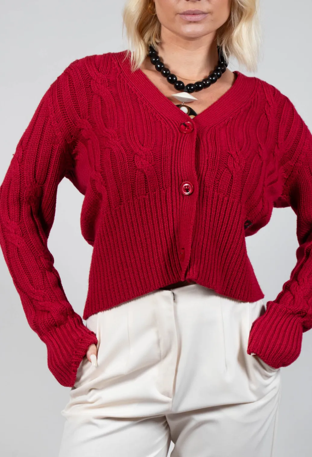 Grandad Knit Cardigan in Chili Pepper Red