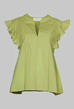 Green V Neck Shirt with Flounce Sleeves